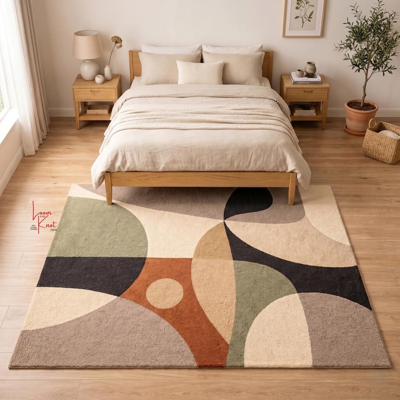 May include: A rectangular area rug featuring a geometric pattern of overlapping circles and shapes in shades of sage green, terracotta, cream, charcoal, and beige. The rug displays a textured surface and includes the text Loom and Knot.