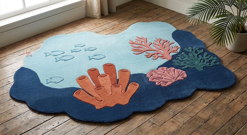Op de afbeelding: Een onregelmatig gevormd vloerkleed met een onderwatersc&egrave;ne, voorzien van een lichtblauwe achtergrond, donkerblauwe randen en verhoogde getufte ontwerpen van oranje buissponzen, roze koraal, groen zeewier en kleine vissen.