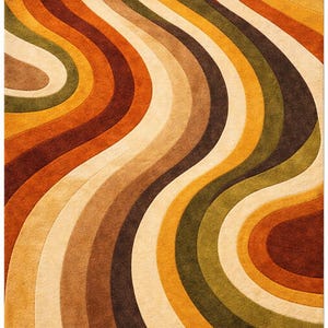 Full design view of retro wavy abstract hand tufted New Zealand wool rug
