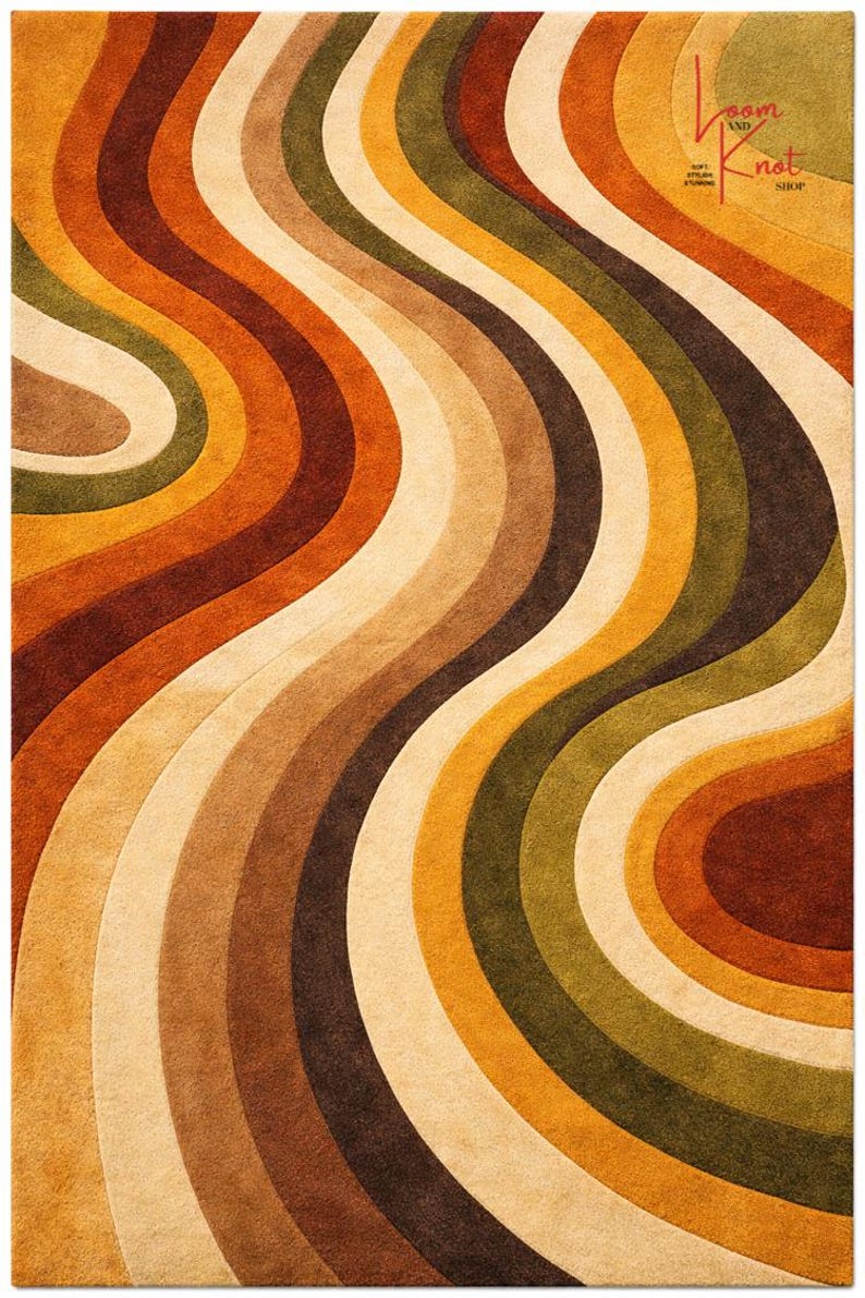Full design view of retro wavy abstract hand tufted New Zealand wool rug