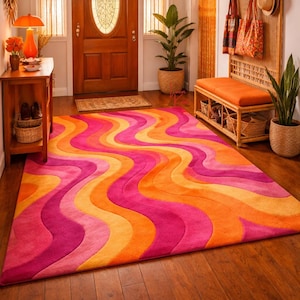 Hand Tufted Wool Rug Pink Orange Wavy 70s Retro Rug Psychedelic Carpet Mid Century Boho Chic Area Rug Colorful Living Room Rug image 8