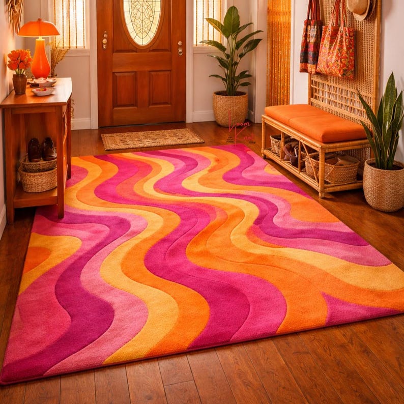 Hand Tufted Wool Rug Pink Orange Wavy 70s Retro Rug Psychedelic Carpet Mid Century Boho Chic Area Rug Colorful Living Room Rug image 8