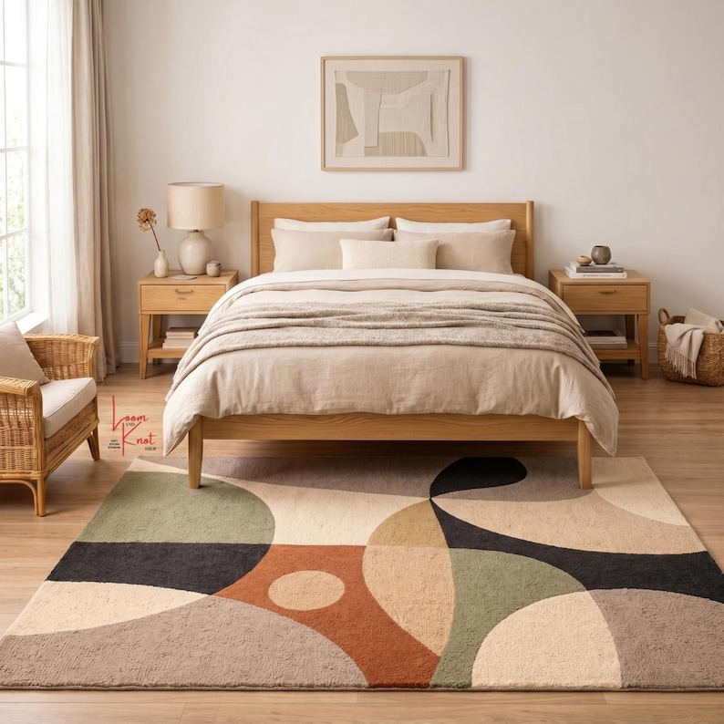 May include: A rectangular area rug featuring a geometric pattern of overlapping circles and arcs in shades of sage green, terracotta, charcoal gray, beige, and cream. The rug has a textured pile and is positioned on a light wood floor in a bedroom.