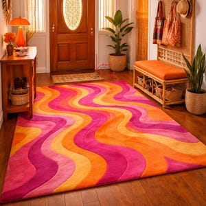 Hand Tufted Wool Rug Pink Orange Wavy 70s Retro Rug Psychedelic Carpet Mid Century Boho Chic Area Rug Colorful Living Room Rug image 4