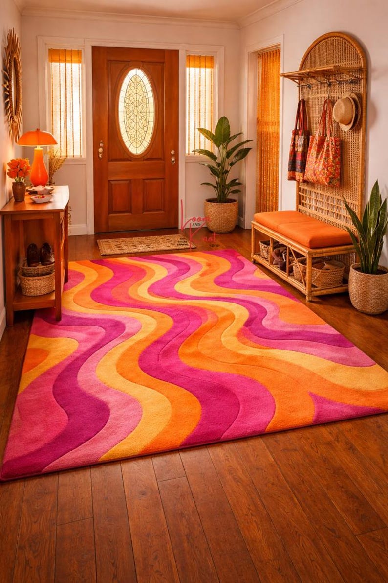 Hand Tufted Wool Rug Pink Orange Wavy 70s Retro Rug Psychedelic Carpet Mid Century Boho Chic Area Rug Colorful Living Room Rug image 4