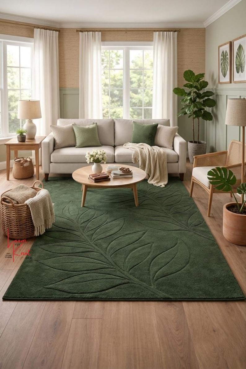 Hand Tufted Wool Rug Green Leaf | Botanical Area Rug 5x7 8x10 ...