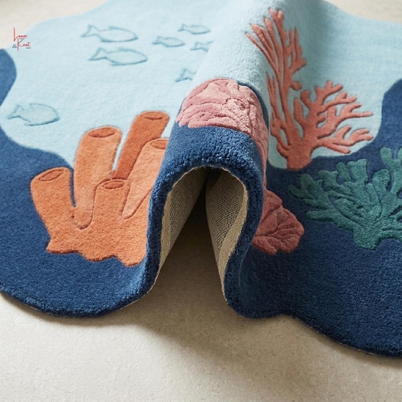 Op de afbeelding: Een getuft tapijt met een onderwaterthema met lichtblauw water, donkerblauwe diepten en koraalrifmotieven in oranje, roze en groen. Kleine vissilhouetten zijn zichtbaar in het lichtblauwe gedeelte. De tekst Loom and Knot is afgedrukt.