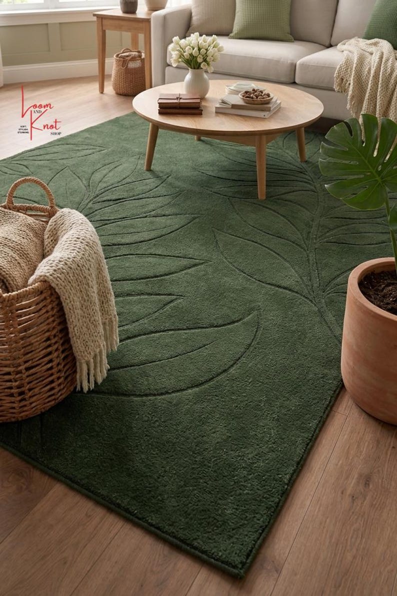 Hand Tufted Wool Rug Green Leaf | Botanical Area Rug 5x7 8x10 ...