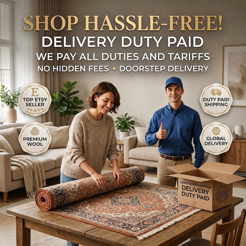 May include: A person in a beige sweater unrolling a patterned rug with orange, blue, and cream tones on a wooden table. A person in a blue shirt stands nearby next to a cardboard box labeled LoomandKnotShop Delivery Duty Paid. Text overlays include Shop Hassle-Free, Delivery Duty Paid, Top Etsy Seller, Premium Wool, Duty Paid Shipping, and Global Delivery.