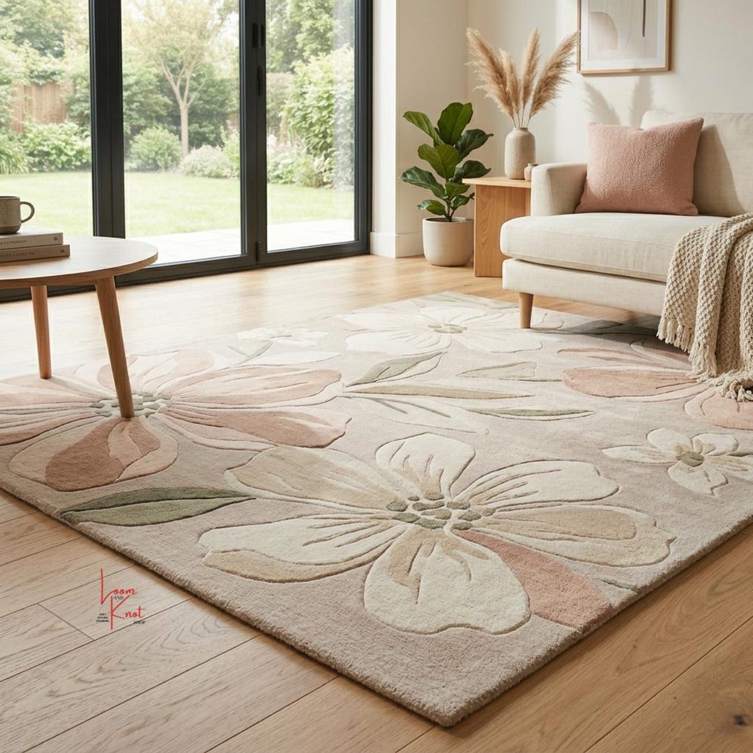 Hand Tufted Wool Floral Rug 8x10 Beige Pink Area Rug Large Flower Rug ...
