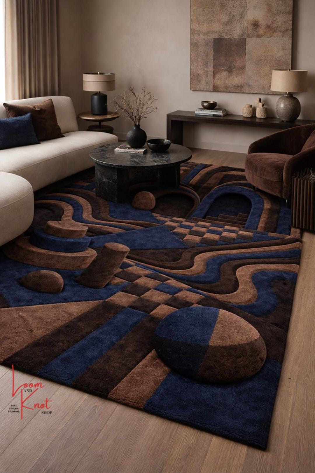 Hand Tufted New Zealand Wool Rug, Modern Abstract Geometric Blue Brown ...