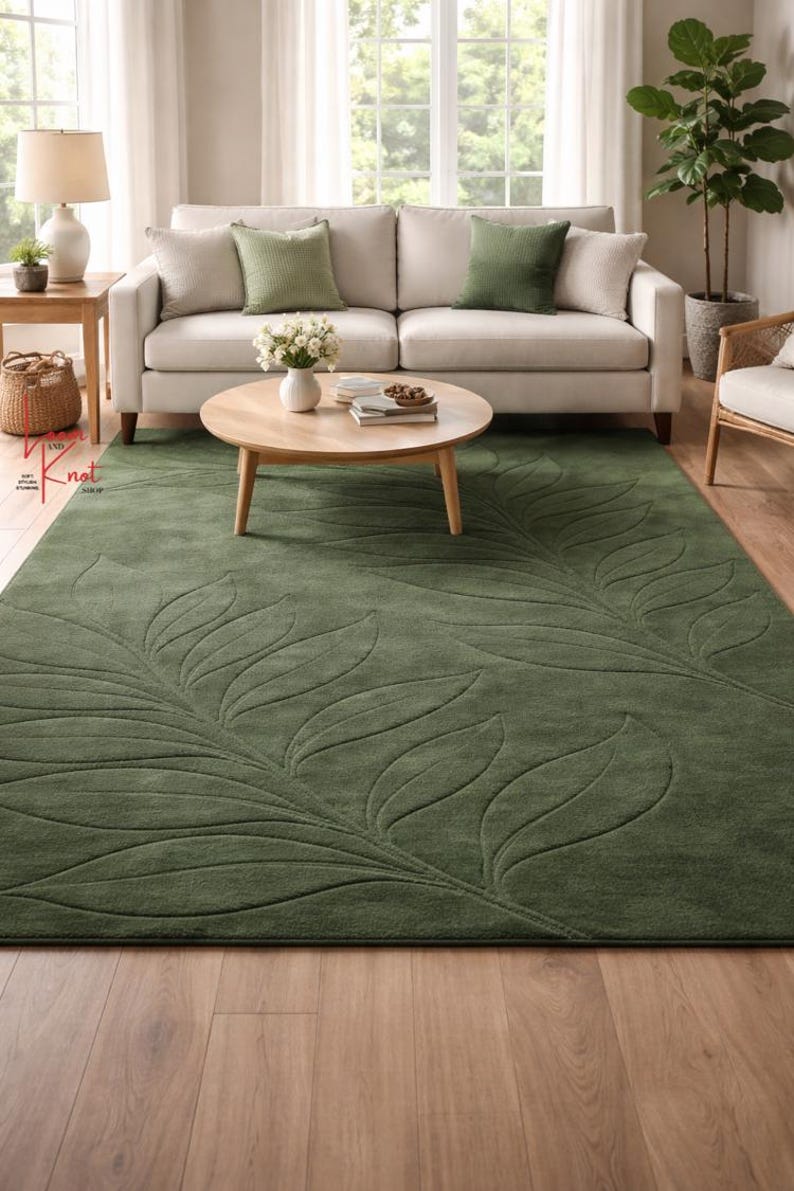 Hand Tufted Wool Rug Green Leaf | Botanical Area Rug 5x7 8x10 ...