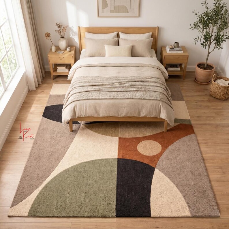 May include: A rectangular area rug featuring a geometric pattern of large circles and semi-circles in shades of sage green, terracotta, charcoal black, and beige. The rug is positioned under a wooden bed frame with beige bedding in a bedroom.