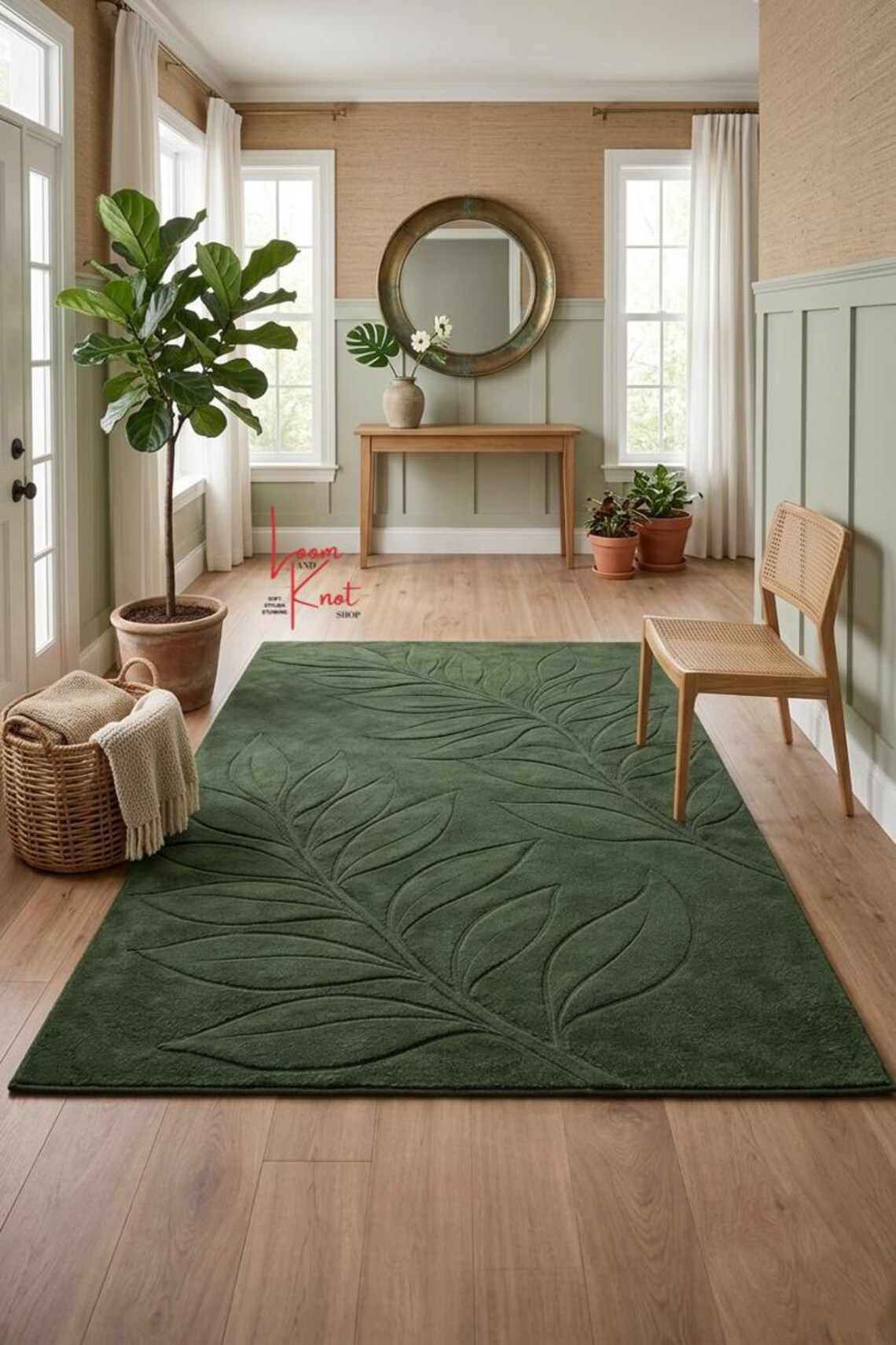 Hand Tufted Wool Rug Green Leaf | Botanical Area Rug 5x7 8x10 ...