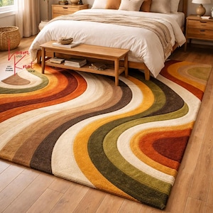 Retro wavy abstract wool rug 5x8 under bed, hand tufted New Zealand wool area rug
