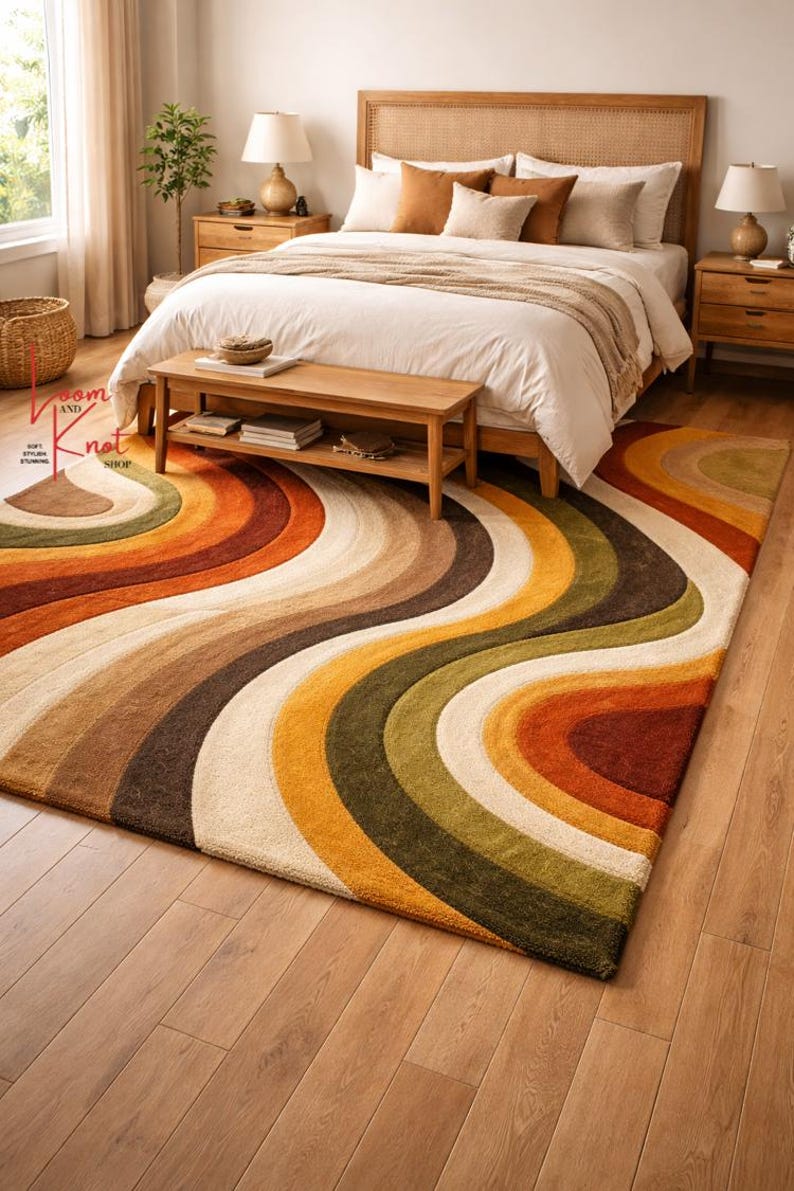 Retro wavy abstract wool rug 5x8 under bed, hand tufted New Zealand wool area rug