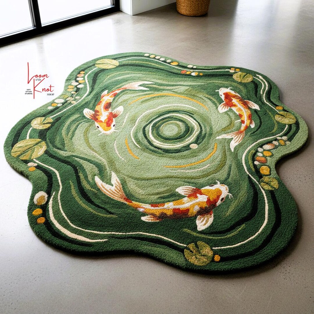 Pond Colors Rug Moss Green Koi Fish Pond Wool Rug, 3D Irregular Hand Tufted Custom Area ...