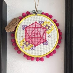 Pink D20 cross stitch pattern