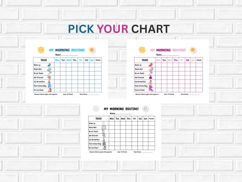 Kids Morning Routine Chart Printable | Pink Blue and Black White | 3 ...