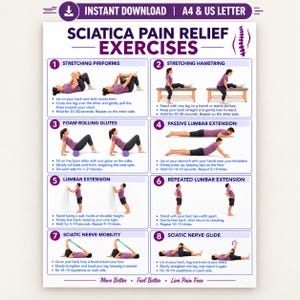 May include: A white instructional poster titled Sciatica Pain Relief Exercises featuring eight numbered sections with illustrations and text instructions for stretches and movements including piriformis, hamstring, lumbar extension, and sciatic nerve glides.