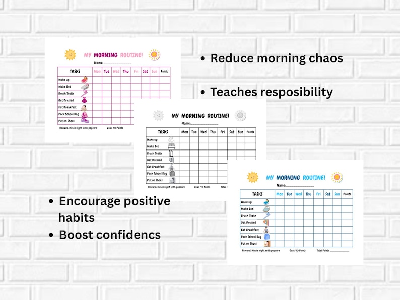 Kids Morning Routine Chart Printable | Pink Blue and Black White | 3 ...