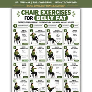 May include: A digital printable workout chart titled Chair Exercises for Belly Fat, featuring 16 numbered illustrations of a person performing seated core exercises on a chair. The document includes text for US Letter and A4 sizes, PDF and 300 DPI PNG.