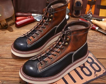 Retro Durable  Stitchdown Rugged Style Monkey Boots Heritage Genuine Leather Moctoeboots For Men Mid-Cut Shoes