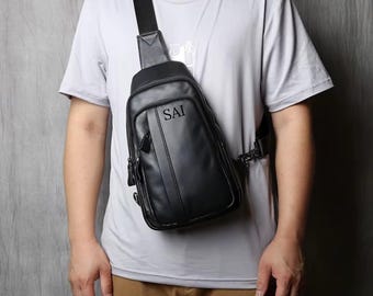 Bolso bandolera personalizado de piel de primera calidad con correa ajustable, bolso de hombro, unisex, bolso utilitario de piel, regalo para él