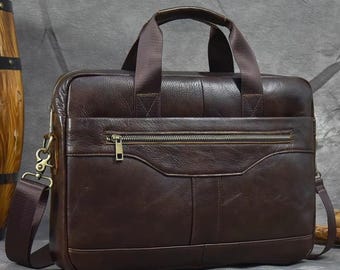 Leather Briefcase: 15.6" Laptop Bag, Handmade Office Handbag