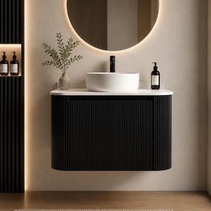 Floating Bathroom Vanity Unit | Black Reeded Cabinet with Round Vessel Sink | Wall Mounted Vanity with Drawer | Modern Bathroom Furniture
