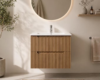 Floating Bathroom Vanity 24 Inch, Fluted Wood Vanity with Sink, Wall Mounted Modern Oak Vanity, Minimalist Scandinavian Bathroom Cabinet