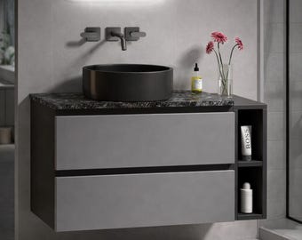Floating Bathroom Vanity with Sink, 80cm Wall Mounted Vanity Unit, Modern Gray Bathroom Cabinet, Marble Top Washstand
