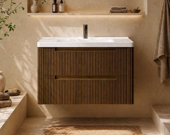 Wall Mounted Bathroom Vanity, Floating Wood Vanity with Sink, Fluted Bathroom Cabinet, Modern Walnut Vanity, Small Space Bathroom Storage