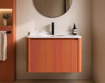 Floating Bathroom Vanity 150cm, Modern Fluted Orange Sink Cabinet, Wall Mounted Vanity with Drawers, Minimalist Luxury Bathroom Furniture