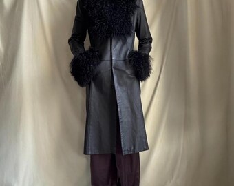 Women Black Leather Long Coat Sheepskin Leather Real Mongolian Fur Color and Cuffs Vintage Coat |
