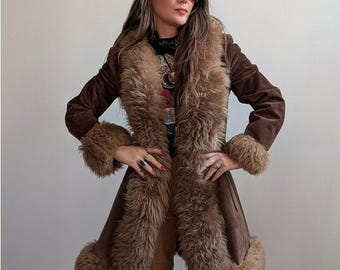 Penny Lane Fur Coat | Women Afghan Boho Coat | Brown Suede Leather Vintage Mid Length Long Coat Jacket |