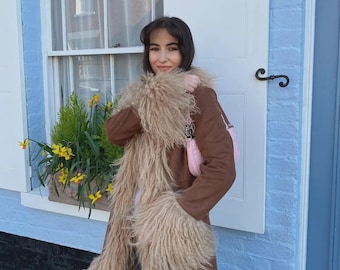 Penny lane Coat Women Mongolian Fur Coat Shearling Coat Toscana Fur Trim Afghan Coat Brown Vintage Fur Long Coat
