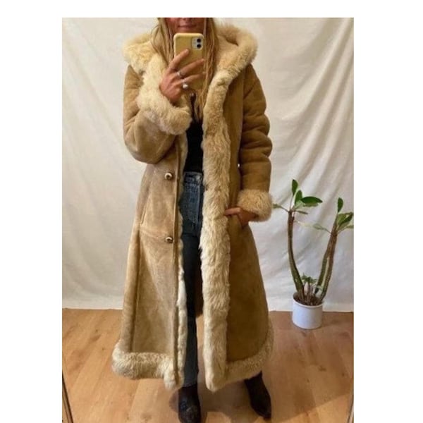 Women Vintage Penny Lane Coat Long Shearling Fur Coat Boho Hippie 70s Vintage Afghan Coat Wool Coat Long Fur Hoodie Coat