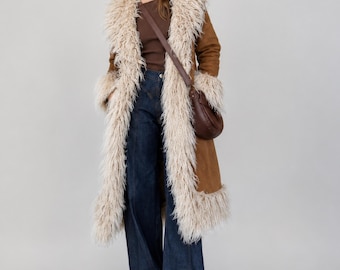 1970s Penny Lane Long Coat Afghan Shearling Fur Coat  Y2k Long Winter Bohemian Toscana Fur Coat Genuine Suede Leather Fur Coat