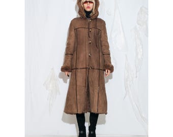 Vintage Penny Lane Long Brown Fur Coat | 70s Women Afghan Shearling Winter Boho Hippie Afghan Coat Women
