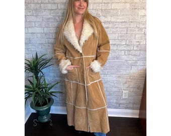 Vintage Penny Lane Long Fur Coat | Women Fur Trim Afghan Shearling Winter Outwear Coat |