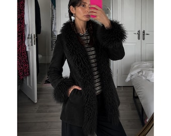 Penny Lane Coat Women Real Suede Leather Coat Shearling Lined  Jacket Boho Festival Coat Y2K Style