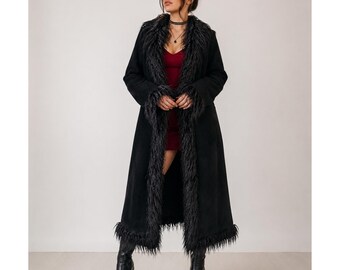 Penny Lane Coat Genuine Suede Leather Coat Hooded Fur Coat, 70s Boho Afghan Coat, Y2K Toscana Fur Winter Long Coat