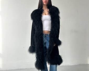 Vintage Penny Lane Mongolian Fur Coat | Long Coat | Women Shearling Afghan Coat | Wool Coat | Black Y2k Bohemian Toscana Coat |