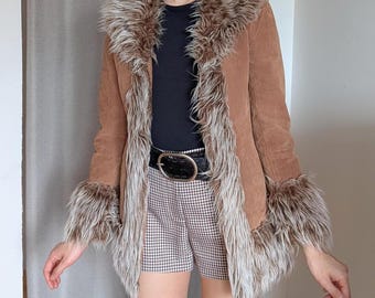 1970s Penny Lane Bohemian Long Coat Y2k Afghan Coat Genuine Suede Leather Rea Fur Lined Women Coat