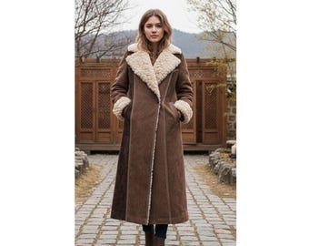 1970s Vintage Chocolate Brown Long Winter Coat – Genuine Leather Sherpa Lined Coat Luxury Warm Maxi Coat