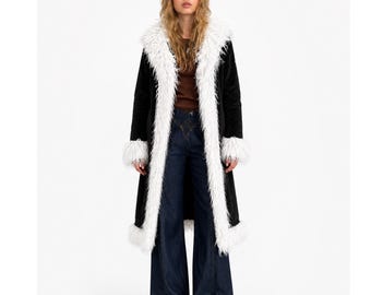 Women’s Long Black Suede Penny Lane Coat | Afghan Shearling Trim Overcoat | 70s Boho Hippie Toscana Wool Winter Trench | Gift for Her