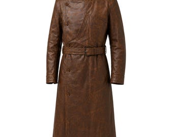 Men Leather Coat Distressed Brown Real Sheepskin Leather Trench Coat Military Duster Long Winter Overcoat Ranger Brown Coat