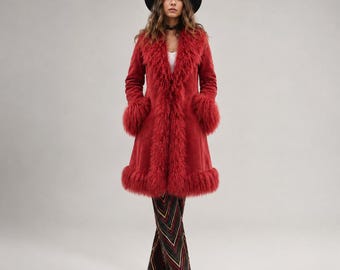 1970s Vintage Penny Lane Faux Fur Coat Real Shearling Afghan Winter Coat Boho Hippie Overcoat