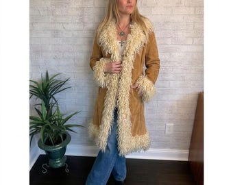 Women Brown Penny Lane Coat - Vintage Y2K Suede Leather Shearling Coat - Real Long Coat - Gift For Her